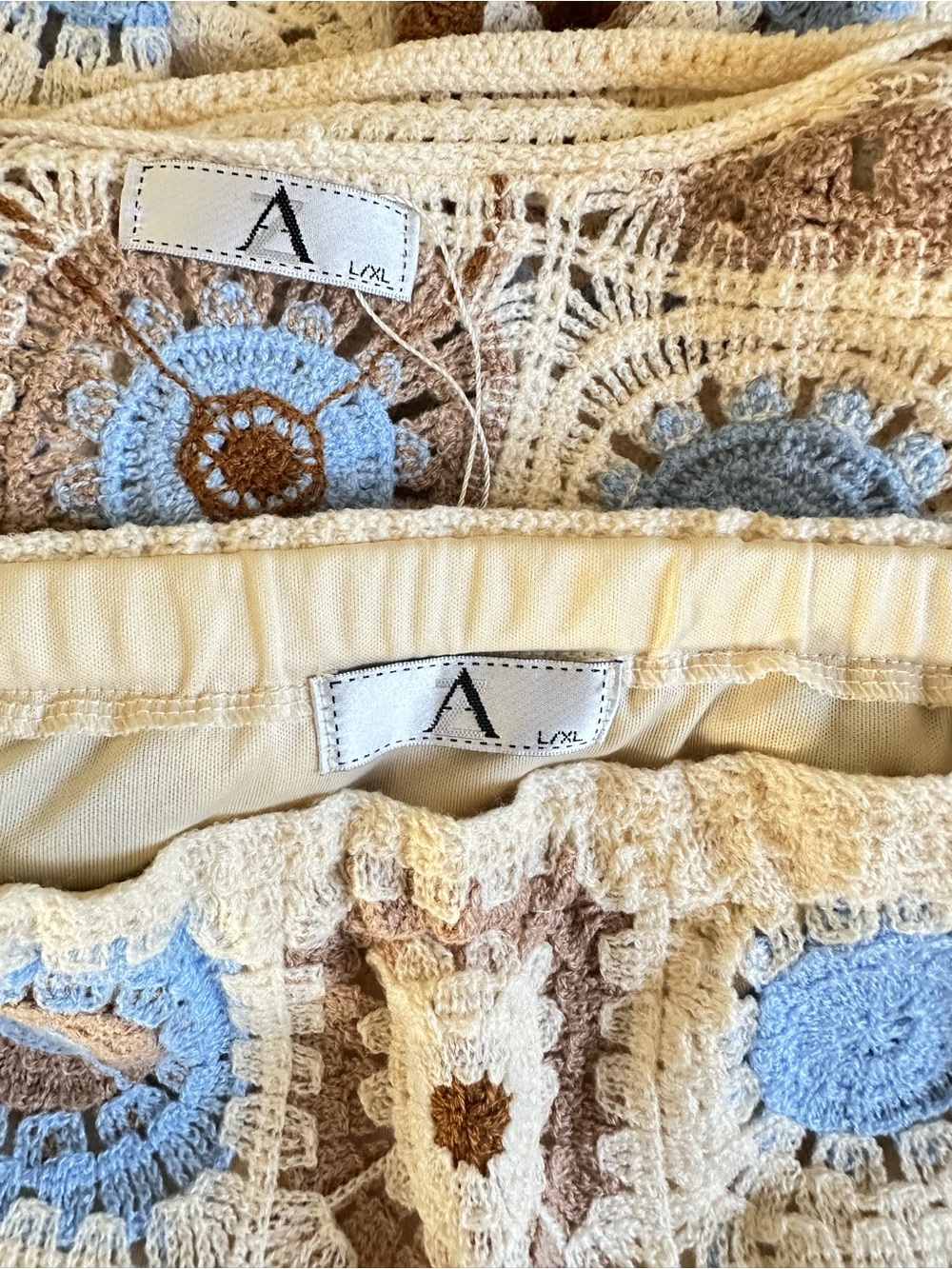 Crochet Two Piece Set Cream Brown Blue Boho Festival Skirt Set L/XL - Picture 6 of 6